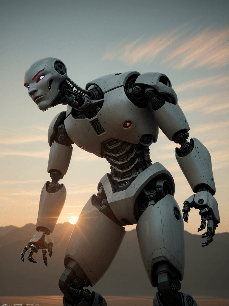 AI generated: Photo of a robotic american pitbull, dramatic light, pale sunrise, cinematic lighting, battered, low...