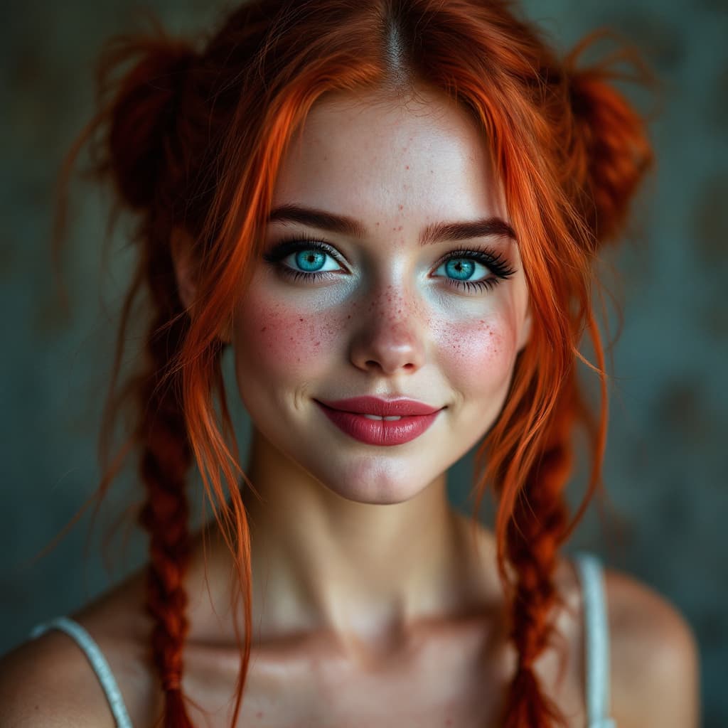 AI generated: beautiful lady, (freckles), big smile, cool blue eyes, red pigtails hair, dark makeup, hyperdetailed...