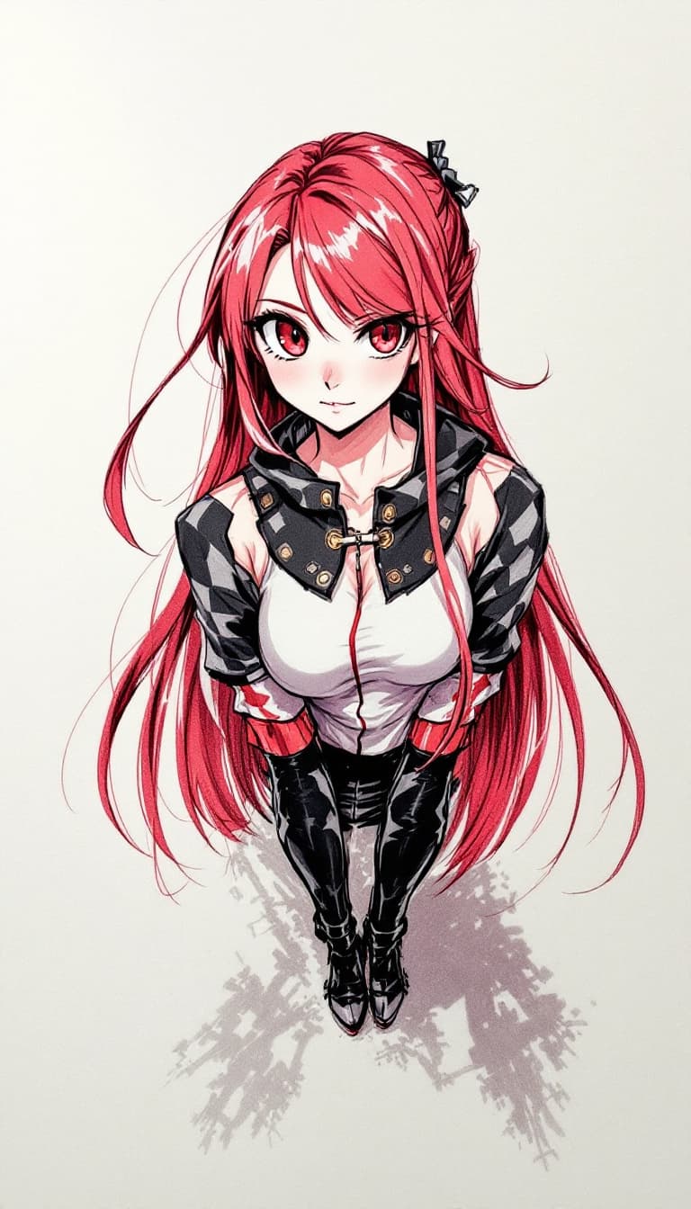 AI generated: girl, red pen drawing, sketch, anime, expressive