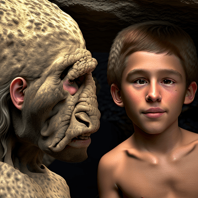 AI generated:  a young prehistoric boy looks at a very old prehistoric caveman in a prehistoric cave,  side view, ...