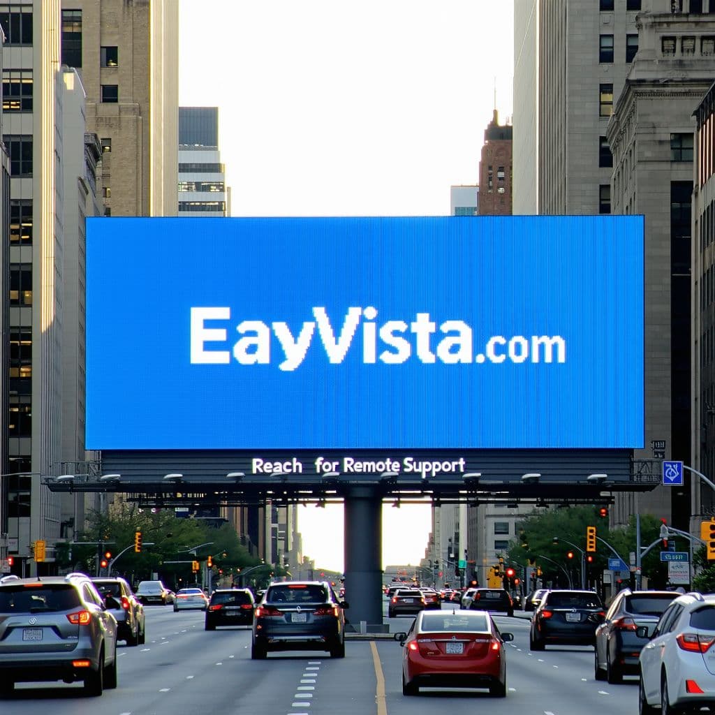 AI generated: a billboard sign in a busy city with the logo for EasyVista.com in hte middle and in the big letters...