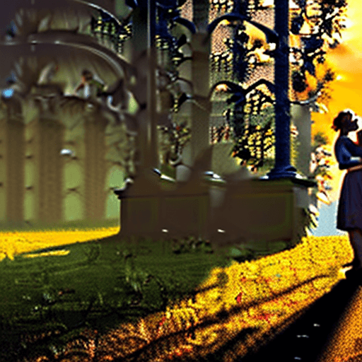 AI generated: pastoral scene of a couple kissing, embracing during the sunset, historical romance novel, high defi...