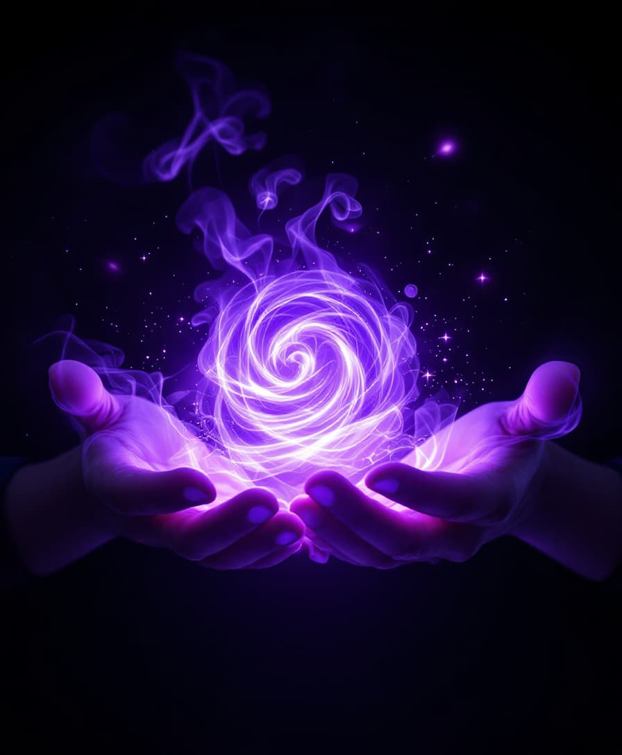 AI generated:  raw realistic cinematic  scene A pair of outstretched perfect male hands conjuring a swirling purpl...