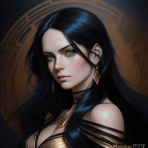 AI generated: a woman with long black hair with blue eyes in a gold painting, in the style of charlie bowater, dar...