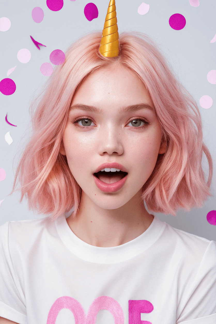 AI generated: a girl sasha luss with single pink huge unicorn horn , blush,confetti bokeh,  happy tears, long hair...