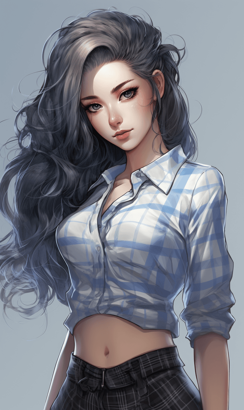 AI generated: Cute girl in plaid skirt showing her hair and shirt, in the style of anime aesthetic, silver and blu...