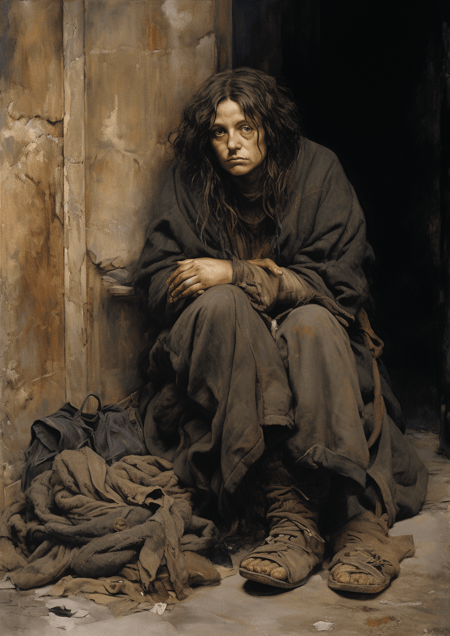 AI generated: Mona Lisa homeless, begging on street,1900-1917 --ar 5:7
