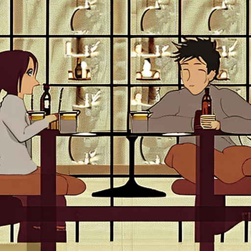 AI generated: An anime-style scene of a couple sharing a close, emotional moment in a cozy café. They are sitting ...