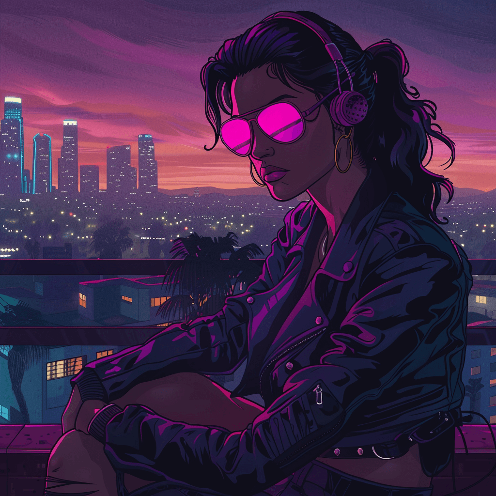 AI generated: A synthwave girl in Los Angeles at night, Synthwave aesthetic. Art by Don Bluth