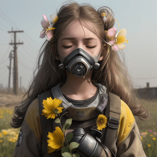 AI generated: 1 girl, post-apocalypse, dust in the background, ash in the air, transparent respirator on face, yel...