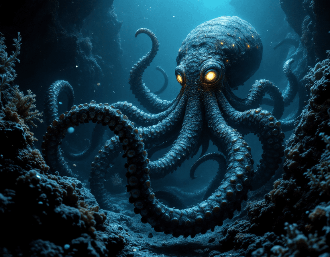 AI generated: Deep in the shadowy depths of an alien ocean trench, the Scorptopus coils in silence. This terrifyin...