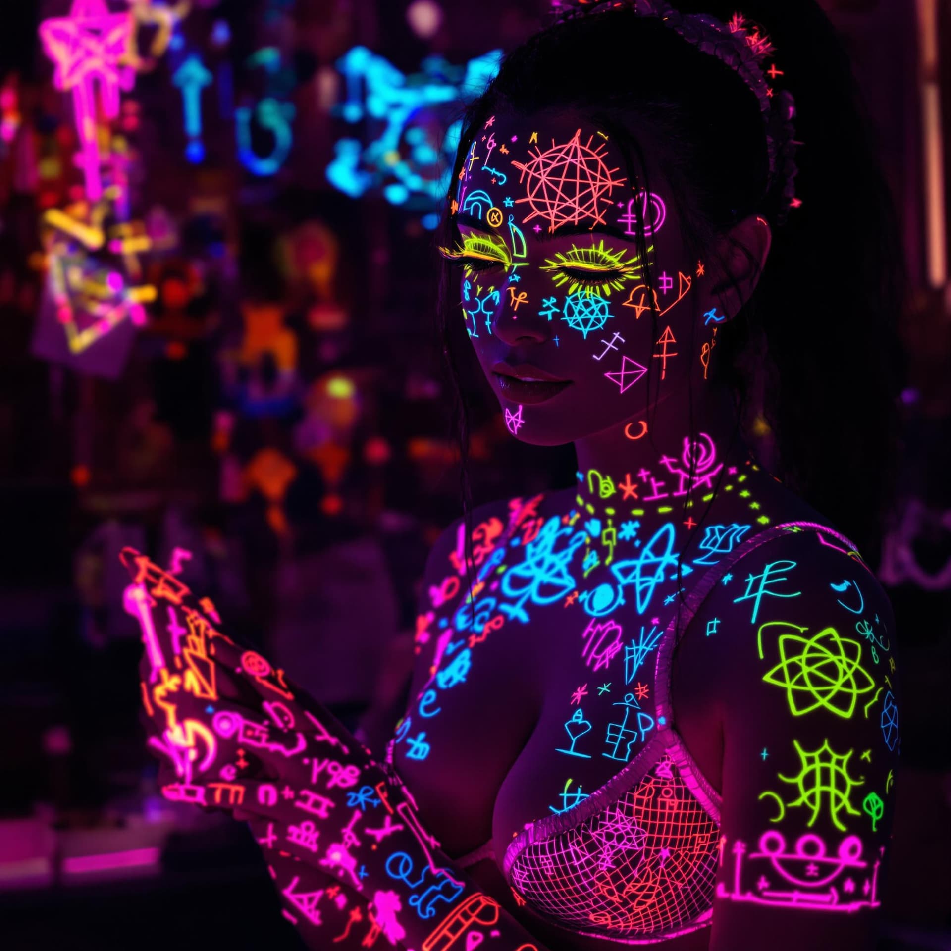 AI generated: a woman in bright neon lingerie preparing for a photo session, her body and face painted with variou...