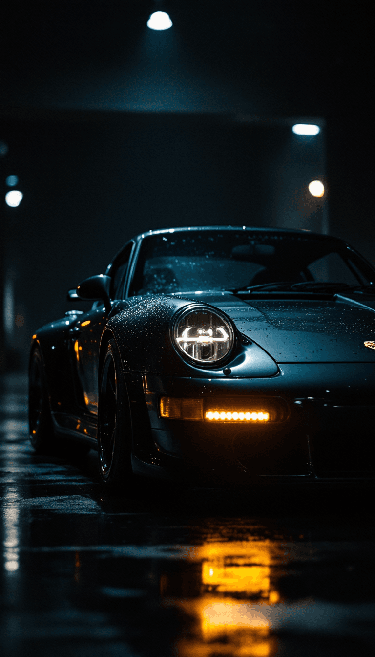 AI generated: Black Porsche medium shot Chiaroscuro lighting In style larry chen --chaos 10 --ar 3:4 --sref 126701...