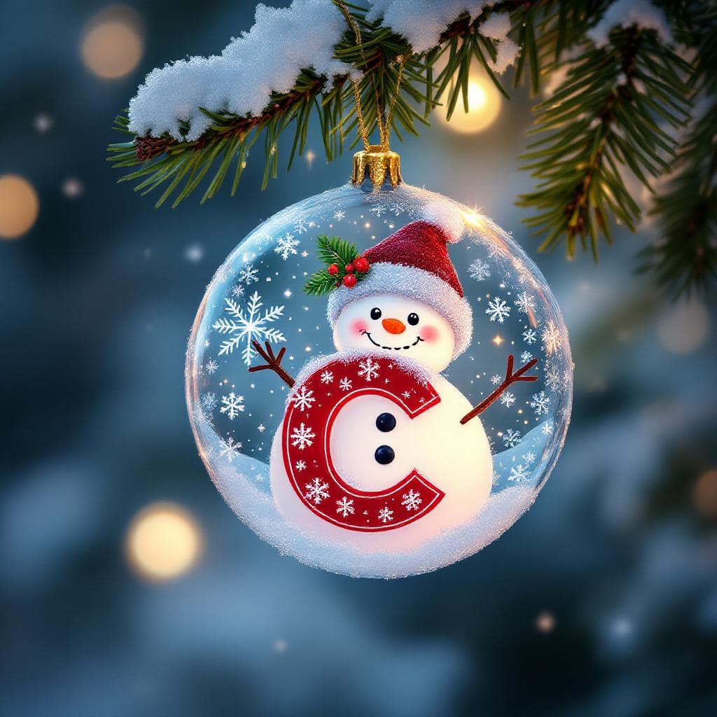AI generated: “A cute Christmas snowman ornament featuring a bright red letter C and festive snowflakes, hanging f...