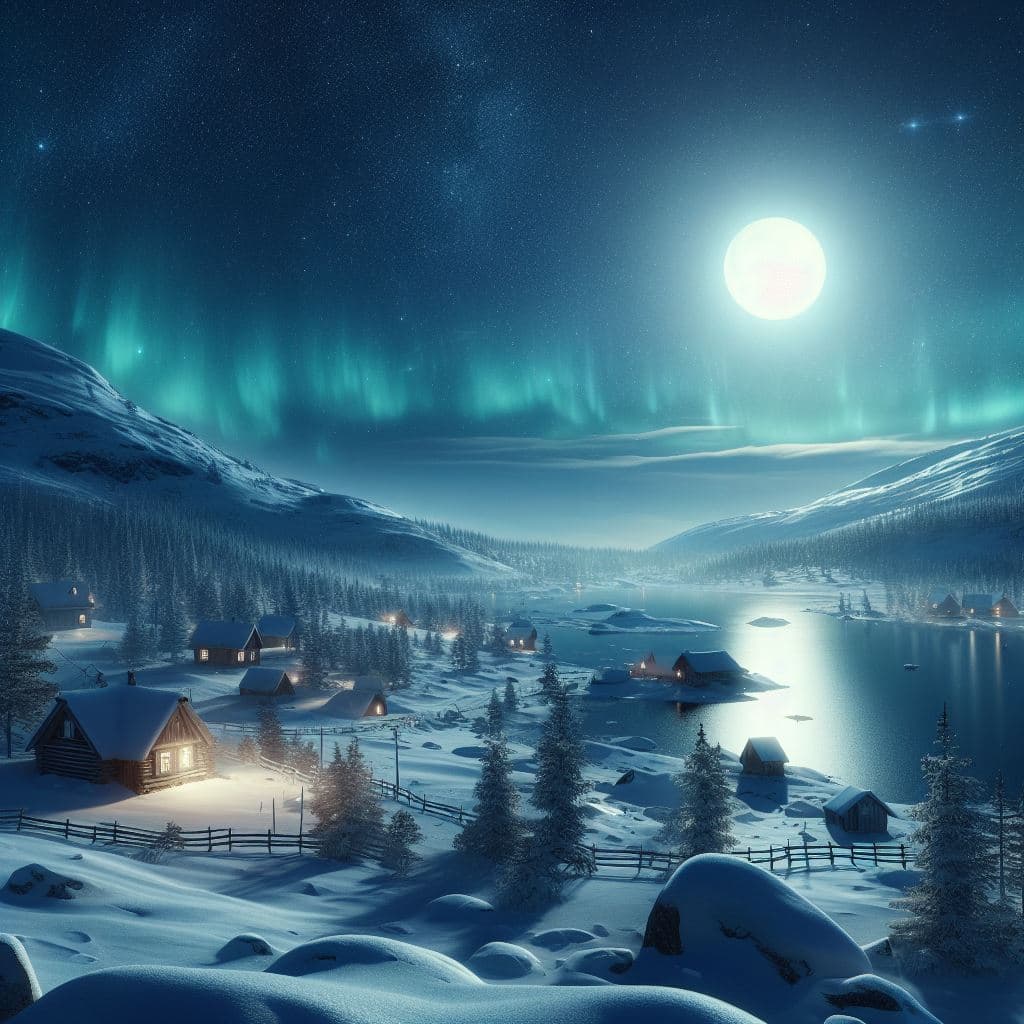 AI generated: A beautiful winter landscape, the snow glitters in the light of the full moon, the night is clear, c...