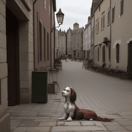 AI generated: A stray Scottish setter hangs around the town square. It's hungry and tired. The dog has become anxi...