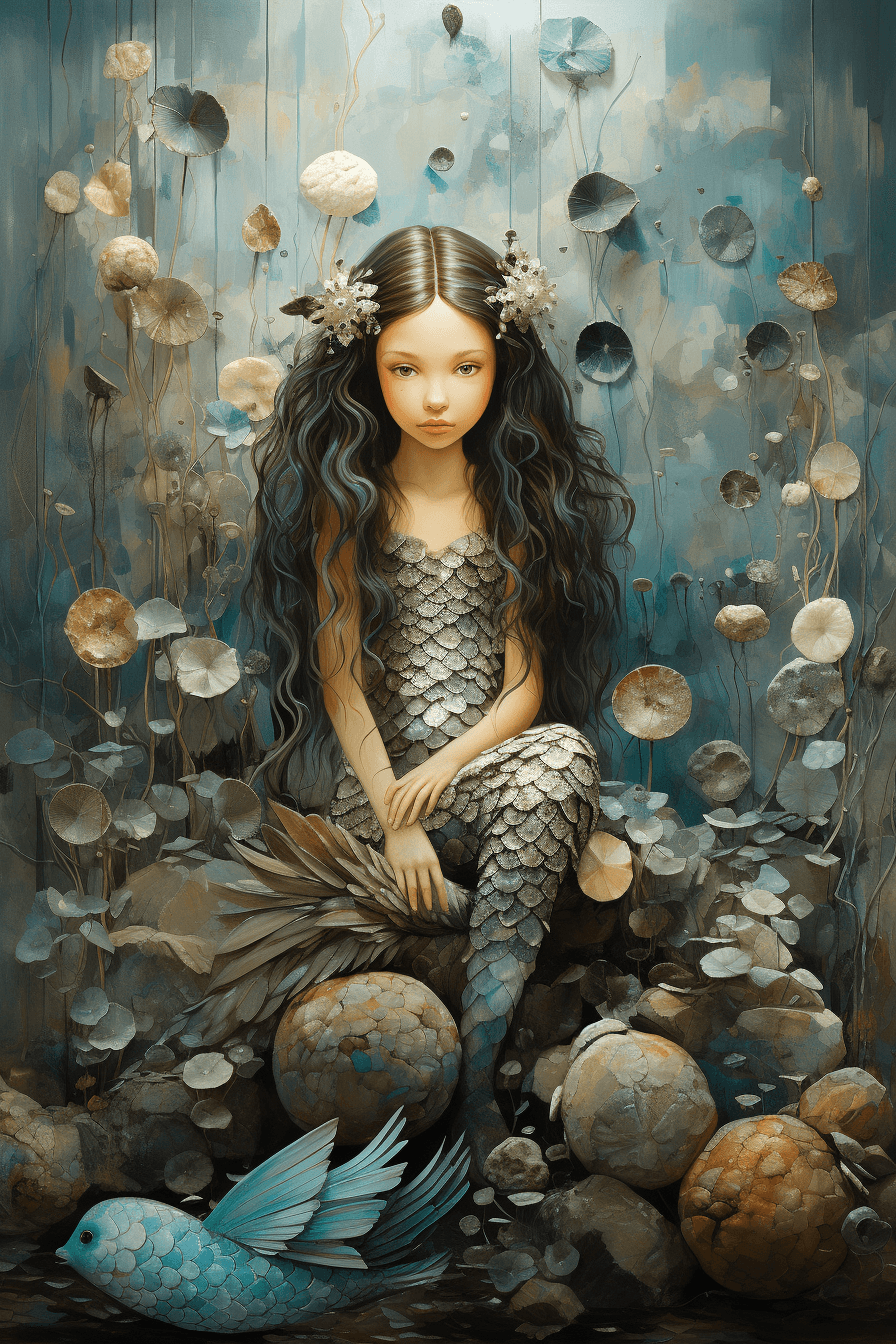 AI generated: A serene mermaid with shimmering turquoise and silver pearl scales detailed with vibrant seashells i...