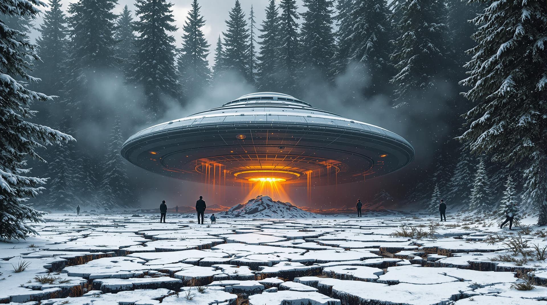 AI generated: a highly detailed UFO crashed in a realistic spruce forest, smoke coming from the UFO, Cracked groun...