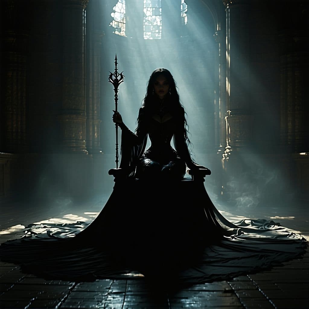 AI generated: A regal shadow dancer, her long black hair flowing like liquid night, her eyes seeming to absorb the...