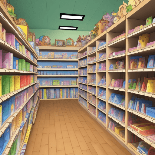 AI generated: 2D image for a fairy tale for children

in the corner of the store there are tall shelves with thous...