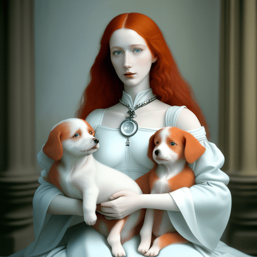 AI generated: images of red haired woman with her Mudi dog puppies, in the style of ethereal beauty, porcelain, da...