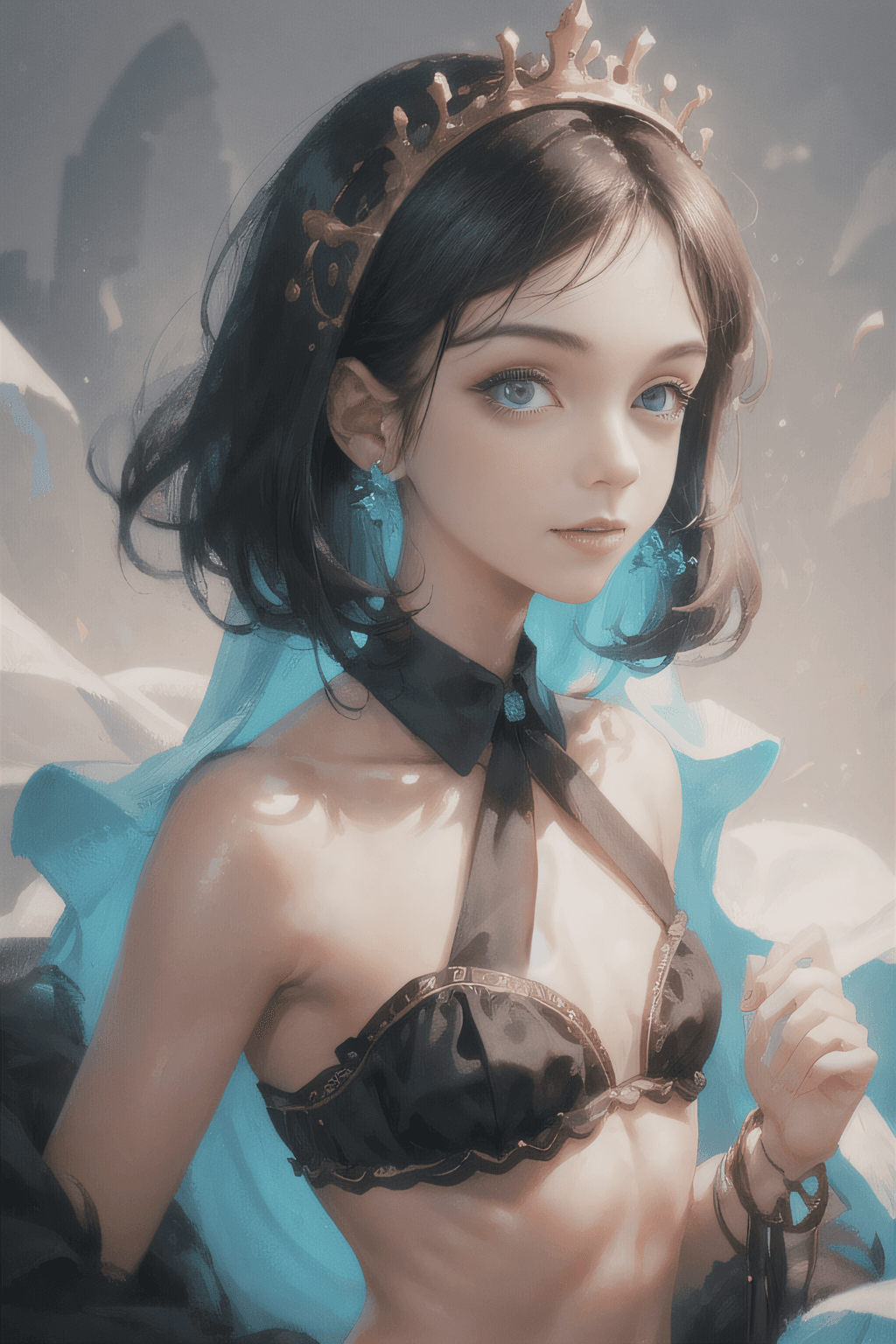 AI generated: portrait,close up of a girl, skinny, abs, flat chest, small breast, black messy hair, wearing Disgus...