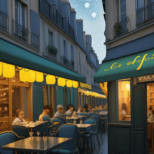 AI generated: Night scene with a café terrace in the foreground on a narrow cobbled street in Paris. Colours: dark...