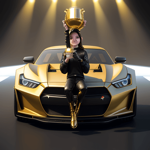 AI generated: Roblox avatar is holding a golden trophy while posing / sitting on top of the sports car hood that'l...