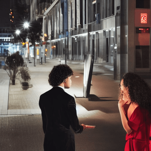 AI generated: A humanoid is standing in a city forum at night. The humanoid is talking to a beautiful young lady w...