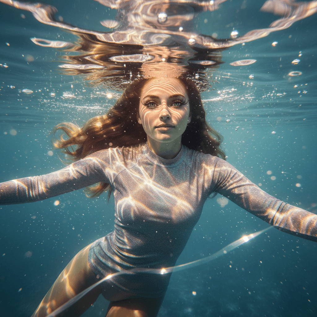 AI generated: A beautiful girl with big green eyes and long eyelashes is swimming underwater. The water around her...