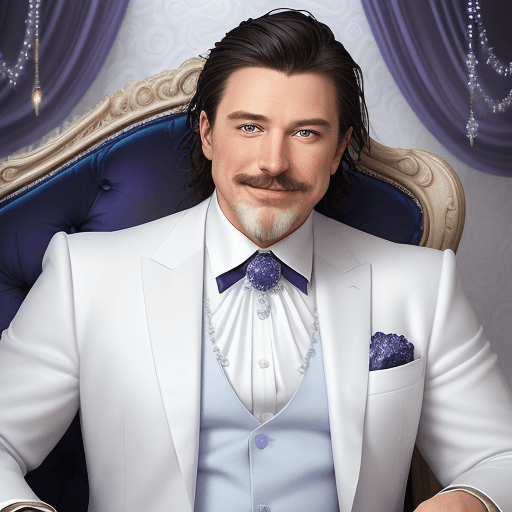 AI generated: A portrait of a man wearing a blue suit and white shirt, seated in front of an elegant, decorative b...
