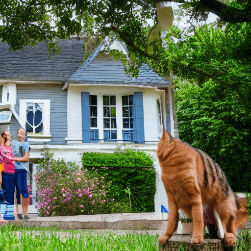 AI generated: house with several people in front with a dog and a cat next to them. The house has a big sign that ...