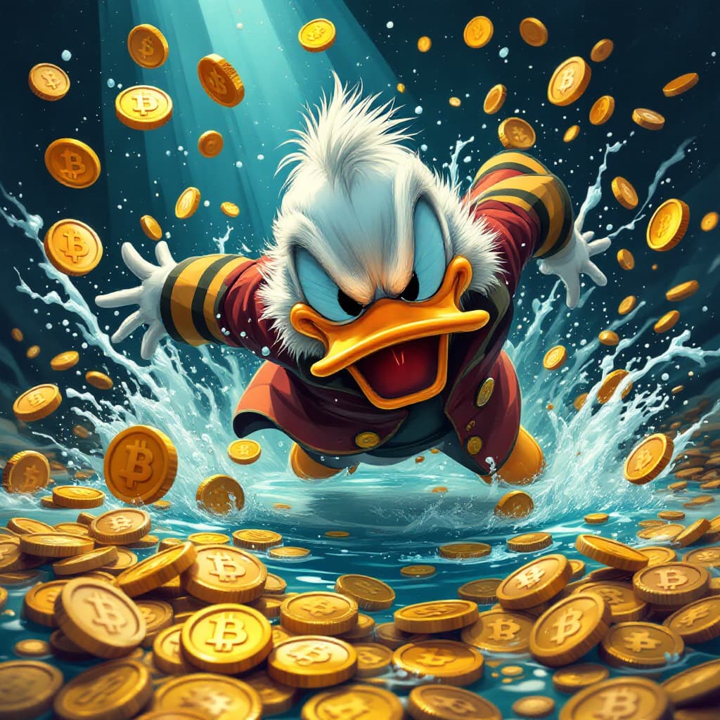 AI generated: make me a scrooge mcduck diving into a pool of crypto coins