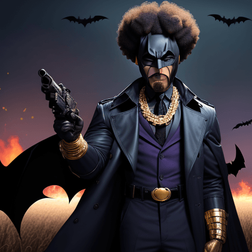 AI generated: we are seeing an african american, with a afro hairdo, wearing a batman mask, and a Mustache for Men...