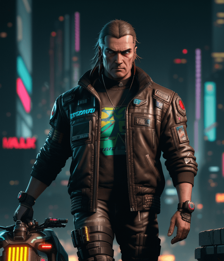 AI generated: a male protagonist of cyberpunk 2077 with a big jowline,it's a italian man,a tuft, brown hair, red e...