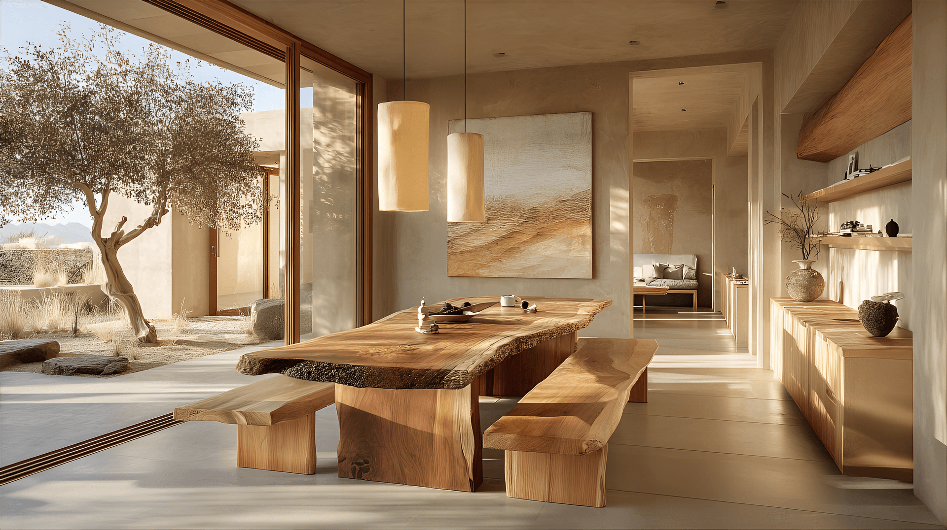 AI generated: Modern minimalist dining area, light beige concrete walls, large wooden dining table with a live edg...