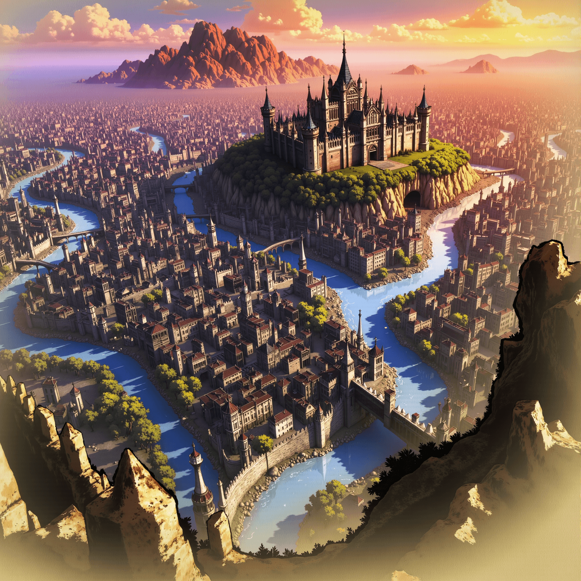 AI generated: Landscape, fine detail rendered, color, (dark fantasy) A panoramic view from atop the city walls, ov...