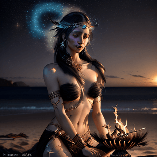 AI generated: dancer with feathers and jewelry at night on the beach by the fire in the style of magali villeneuve...
