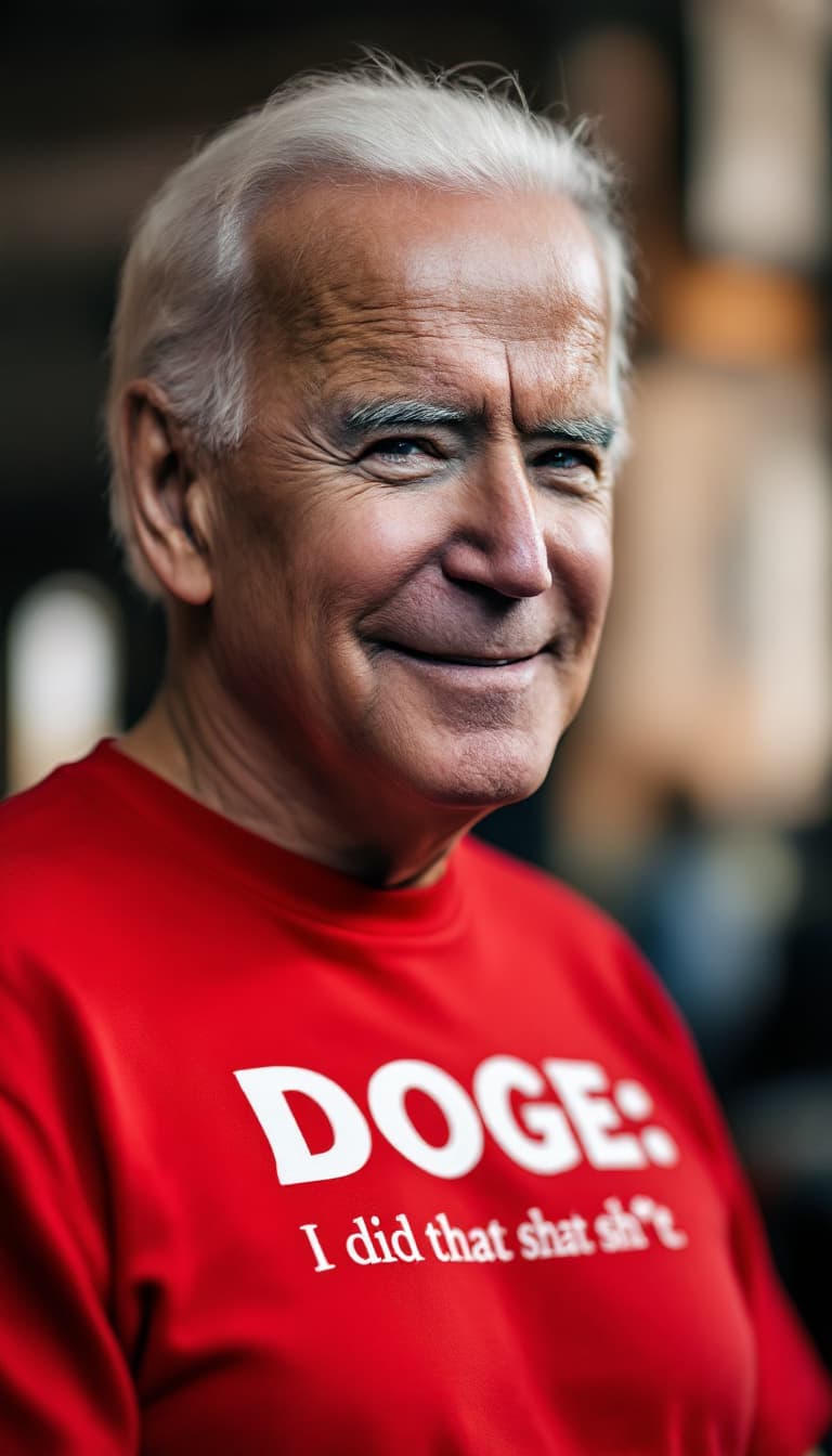 AI generated: Joe Biden wearing a Bright Red t-shirt,  the t-shirt logo reads "DOGE: I did that sh!t" in bold whit...