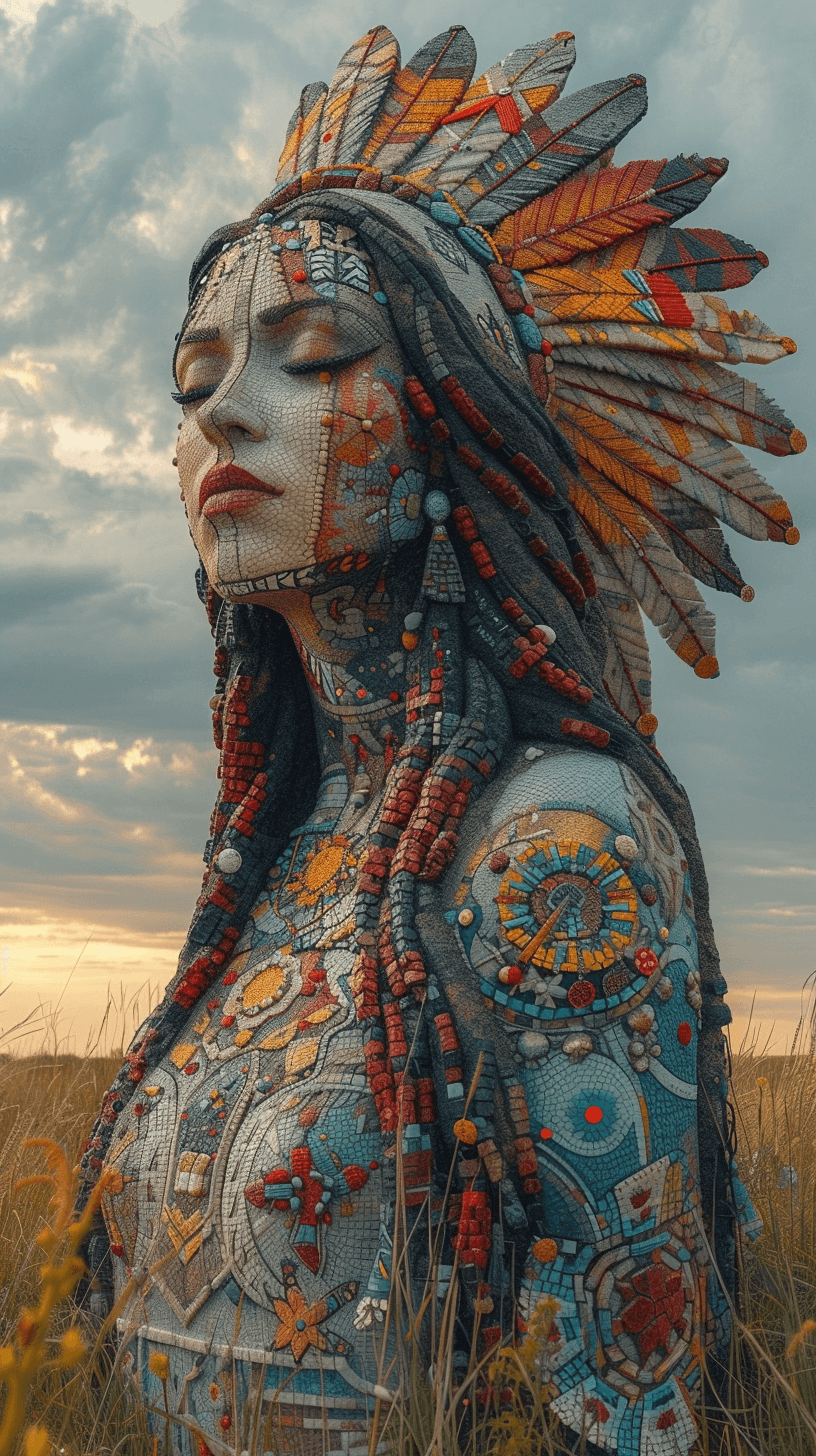 AI generated: a statue of an indian woman, in the style of richly colored skies, elaborate beadwork, prairiecore, ...