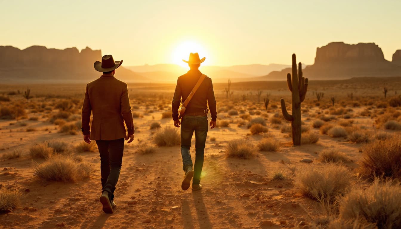 AI generated: Estilo tipo western. Paisaje: desierto al atardecer. Un hombre en vista a distancia, distant view, c...