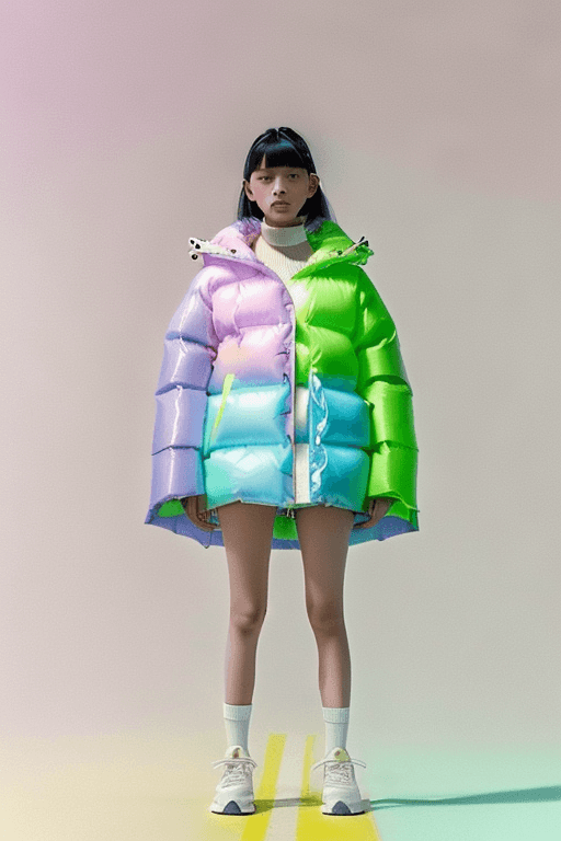 AI generated: a young brunertte european asian girl wearing nothing but a poncho oversized puffer jacket, inspired...