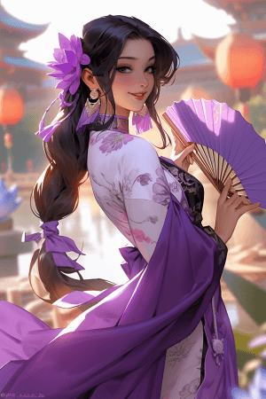 AI generated: A graceful anime dancer from the Joseon dynasty with a silk fan and a lotus hairpin at sunset in a g...