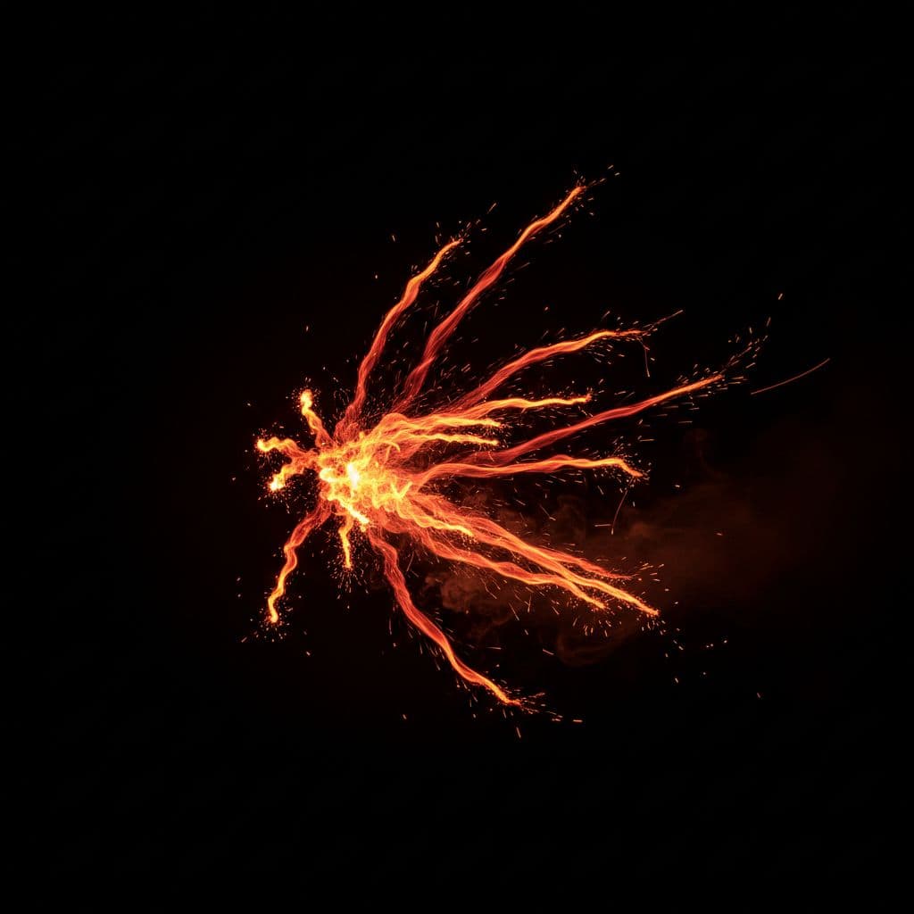 AI generated: FLYING GLOWING FIRE 
PARTICLE, BLACK BACKGROUND,