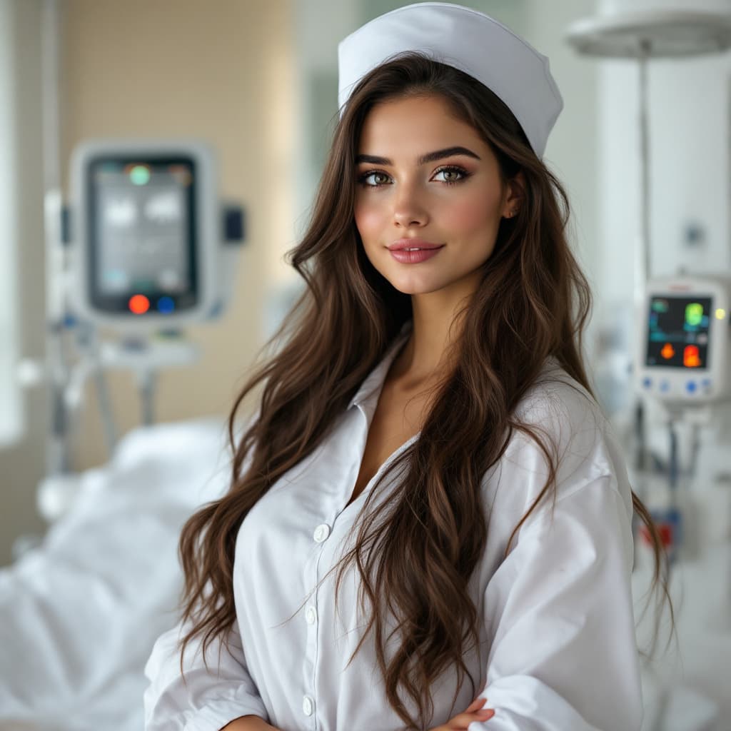AI generated: female,  1girl, a woman, a hot girl, long brown hair, nurse, hospital, standing, hospital room, whit...
