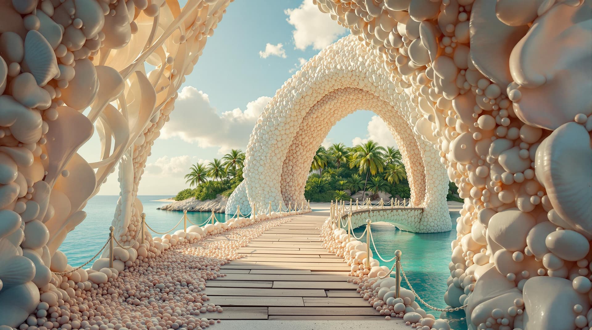 AI generated:  A majestic bridge crafted from colossal seashells and shimmering pearls arches gracefully towards a...