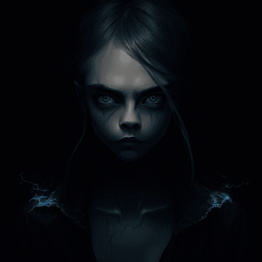 AI generated: Cara Delevingne, ((incorporeal) ) ghost, surrounded by glowing fog, black backdrop background, dynam...