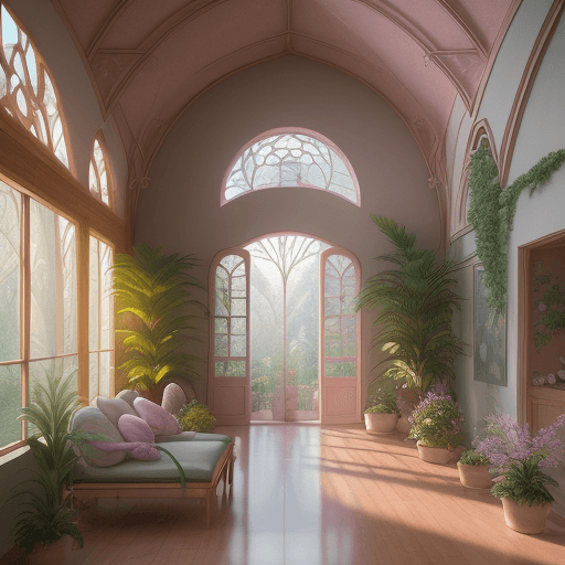AI generated: High resolution photography interior design, dreamy wellness center, biophilia, arch windows, water,...