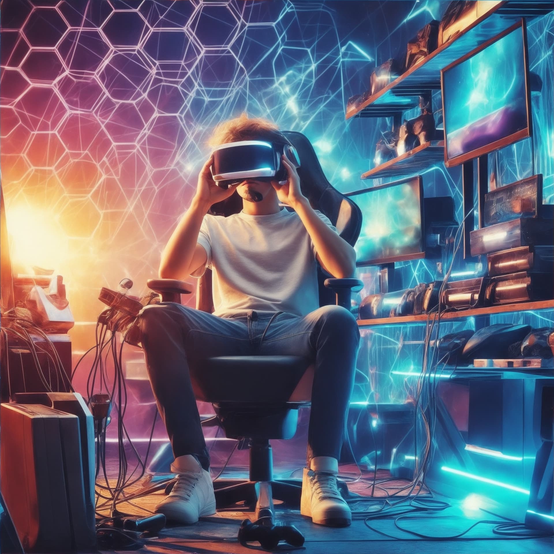 AI generated: Picture a gamer comfortably seated in a virtual reality chair, connected to an array of gaming conso...