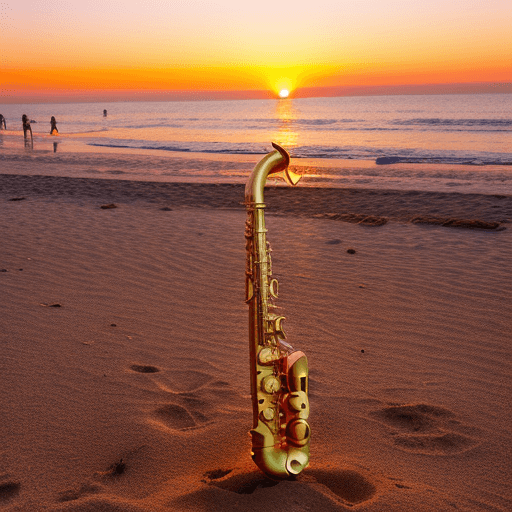 AI generated: sunny beach during a vibrant sunset with hues of orange, gold, and pink. A golden saxophone is parti...